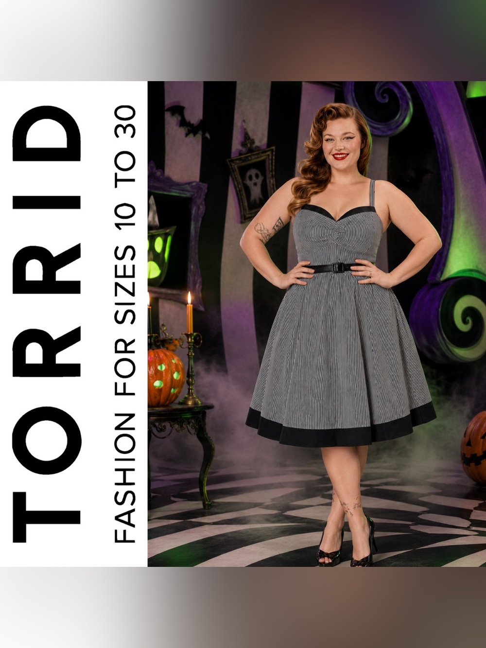 Torrid Retro Chic Black & White Striped Twist-Front Swing Dress, Large NWT!